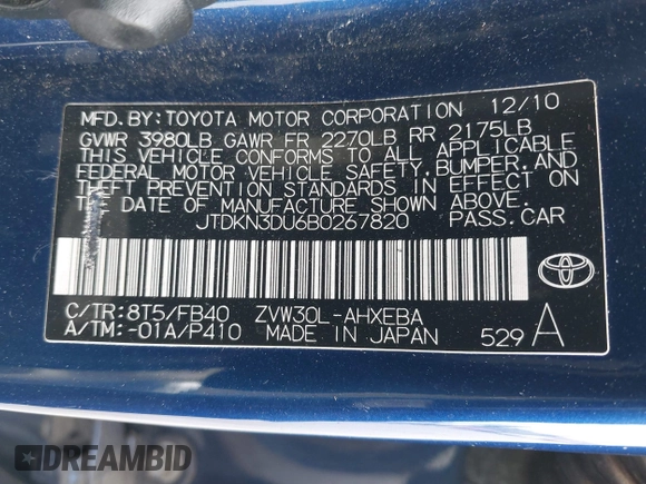 2011 Toyota Prius I z VIN JTDKN3DU6B0267820, wystawiony jako IAAI lot #41980110 z przebiegiem 136 729 mil mil oraz . Historia ofert i sprzedaży dostępna na DreamBid. Obrazek 9.