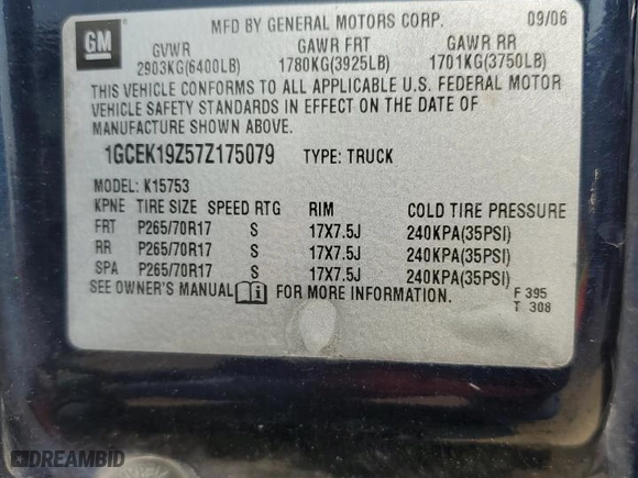2007 Chevrolet Silverado 1500 Classic LT1 with VIN 1GCEK19Z57Z175079, listed as a Copart auction lot 67663904 with 0 mi miles and Clean Title. Bid and sale history available at carsss.com. Image 12.