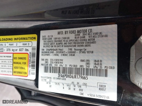 2018 Ford Fusion SE with VIN 3FA6P0HD6JR179665, listed as a IAAI auction lot 41719833 with 73,412 mi miles. Bid and sale history available at carsss.com. Image 9.