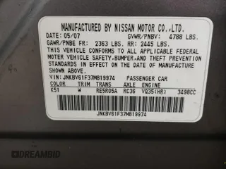 2007 Infiniti G35 G35x with VIN JNKBV61F37M819974, listed as a Copart auction lot 44107544 with 202,214 mi miles and Salvage Title. Bid and sale history available at DreamBid. Image 12.
