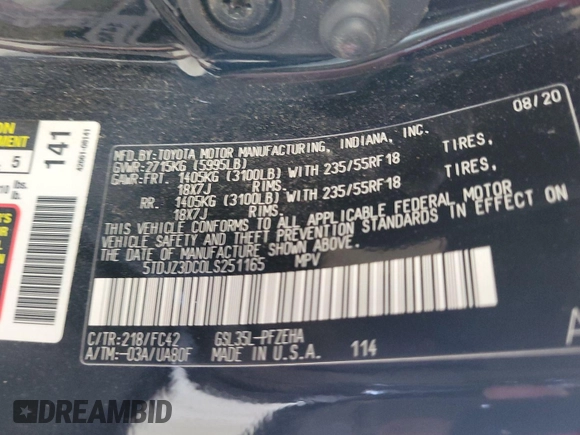 2020 Toyota Sienna LE с VIN 5TDJZ3DC0LS251165, выставлен на аукционе IAAI как лот 42619736 с пробегом 48 223 миль миль и . История ставок и продаж доступна на DreamBid. Изображение 3.