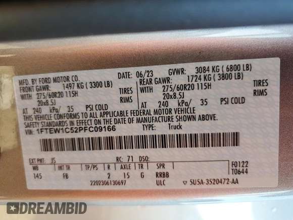 2023 Ford F-150 XL with VIN 1FTEW1C52PFC09166, listed as a Copart auction lot 60970505 with 51,359 mi miles and Non repairable. Bid and sale history available at DreamBid. Image 13.