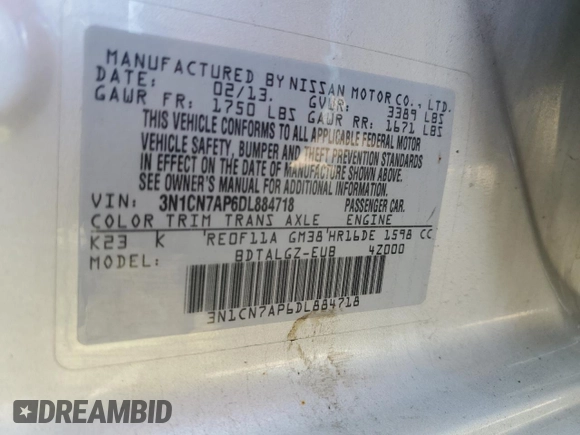2013 Nissan Versa S Plus with VIN 3N1CN7AP6DL884718, listed as a Copart auction lot 55601705 with 65,622 mi miles and Salvage title. Bid and sale history available at DreamBid. Image 13.