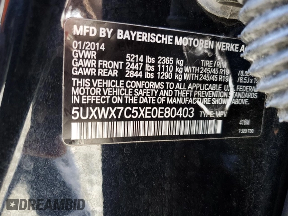 2014 BMW X3 xDrive35i with VIN 5UXWX7C5XE0E80403, listed as a Copart auction lot 47456165 with 82,419 mi miles and Salvage Title. Bid and sale history available at DreamBid. Image 13.