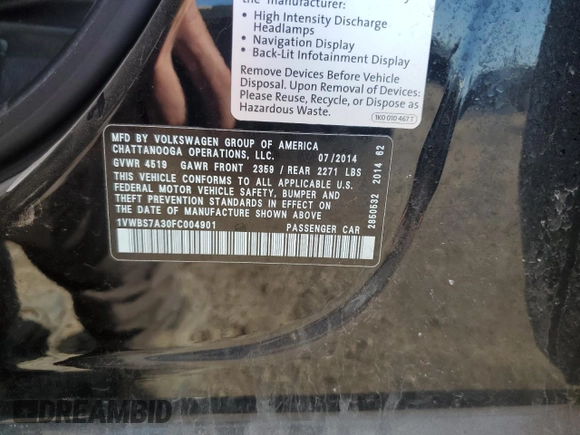 2015 Volkswagen Passat SE with VIN 1VWBS7A30FC004901, listed as a Copart auction lot 54556545 with 173,424 mi miles and Clean title. Bid and sale history available at DreamBid. Image 13.