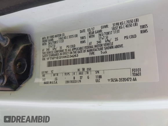 2017 Ford F-150 XL with VIN 1FTNF1EG1HKD34263, listed as a IAAI auction lot 42377470 with 135,933 mi miles and . Bid and sale history available at DreamBid. Image 9.