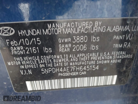 2015 Hyundai Elantra SE with VIN 5NPDH4AE7FH645154, listed as a IAAI auction lot 41830124 with 127,190 mi miles and . Bid and sale history available at DreamBid. Image 9.