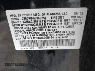 2013 Honda Pilot EX-L with VIN 5FNYF4H58DB005494, listed as a IAAI auction lot 41852002 with 129,904 mi miles. Bid and sale history available at carsss.com. Image 9.