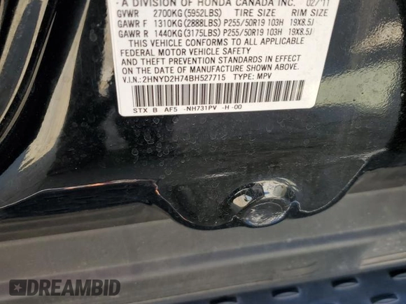 2011 Acura MDX Advance with VIN 2HNYD2H74BH527715, listed as a Copart auction lot 46184555 with 243,540 mi miles and Salvage title. Bid and sale history available at DreamBid. Image 13.