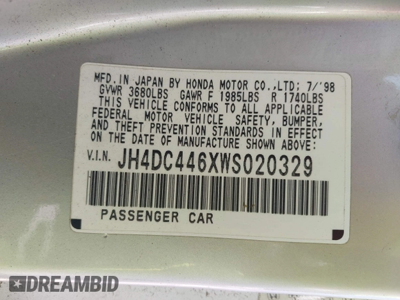 1998 Acura Integra GS z VIN JH4DC446XWS020329, wystawiony jako IAAI lot #42884191 z przebiegiem 216 762 mil mil oraz . Historia ofert i sprzedaży dostępna na DreamBid. Obrazek 9.