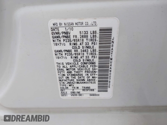 2010 Nissan Murano SL z VIN JN8AZ1MU4AW007825, wystawiony jako IAAI lot #42446833 z przebiegiem 174 637 mil mil oraz . Historia ofert i sprzedaży dostępna na DreamBid. Obrazek 9.