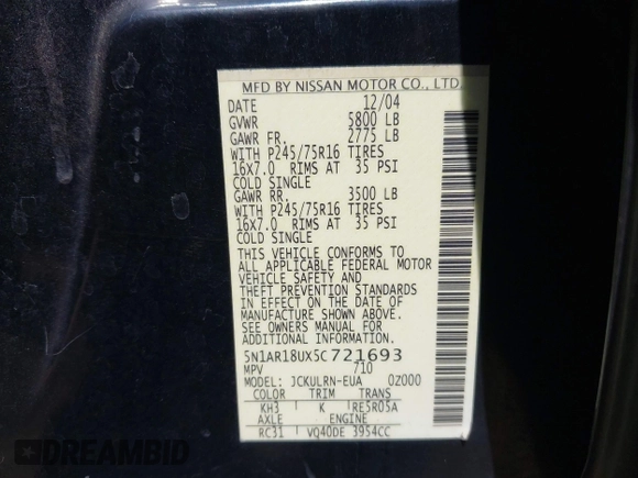 2005 Nissan Pathfinder LE with VIN 5N1AR18UX5C721693, listed as a IAAI auction lot 42626528 with 207,968 mi miles and . Bid and sale history available at DreamBid. Image 9.