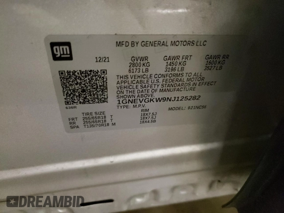 2022 Chevrolet Traverse LT Cloth with VIN 1GNEVGKW9NJ125282, listed as a Copart auction lot 50451655 with 97,290 mi miles and Salvage title. Bid and sale history available at DreamBid. Image 15.
