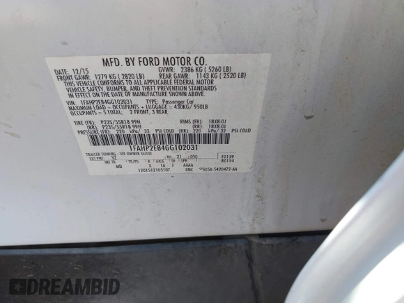 2016 Ford Taurus SEL with VIN 1FAHP2E84GG102031, listed as a IAAI auction lot 40597227 with 167,410 mi miles and . Bid and sale history available at DreamBid. Image 9.