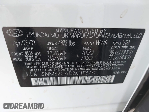 2019 Hyundai Santa Fe SE with VIN 5NMS2CAD2KH116731, listed as a IAAI auction lot 42689306 with 55,213 mi miles and . Bid and sale history available at DreamBid. Image 9.
