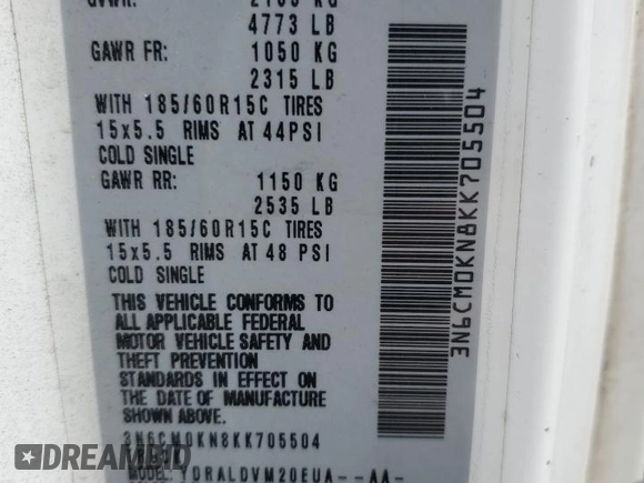 2019 Nissan NV200 S с VIN 3N6CM0KN8KK705504, выставлен на аукционе Copart как лот 48012905 с пробегом 496 166 миль миль и Чистый • Clean title. История ставок и продаж доступна на DreamBid. Изображение 13.