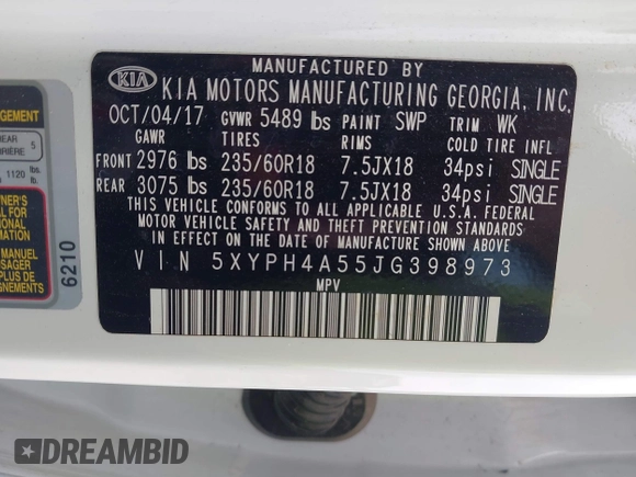 2018 Kia Sorento EX with VIN 5XYPH4A55JG398973, listed as a IAAI auction lot 42416887 with Not provided miles and . Bid and sale history available at DreamBid. Image 9.
