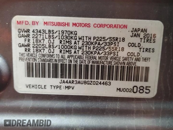 2016 Mitsubishi Outlander ES с VIN JA4AR3AU8GZ024463, выставлен на аукционе Copart как лот 52606905 с пробегом 94 422 миль миль и Списание • Salvage title. История ставок и продаж доступна на DreamBid. Изображение 15.