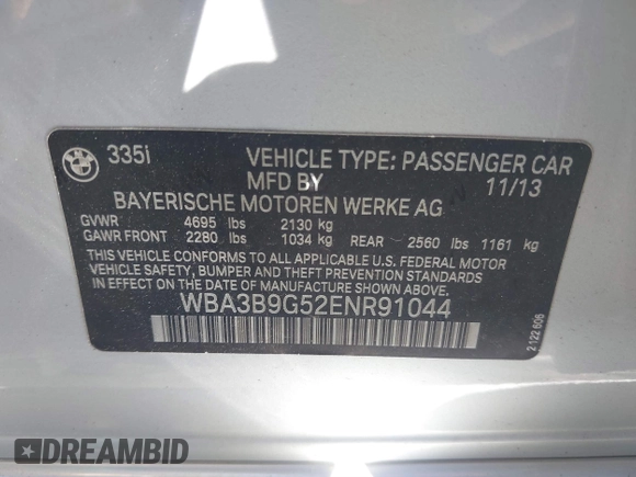 2014 BMW 3 Series 335i xDrive with VIN WBA3B9G52ENR91044, listed as a IAAI auction lot 41807408 with 200,000 mi miles and . Bid and sale history available at carsss.com. Image 9.