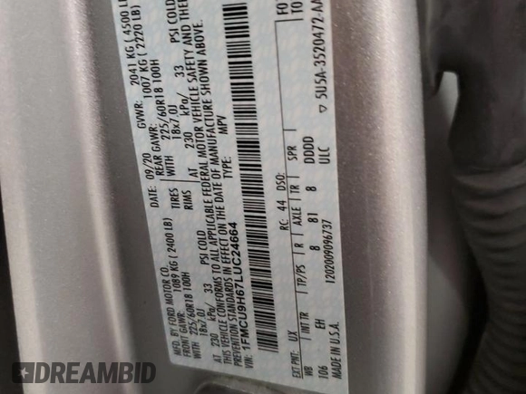 2020 Ford Escape SEL с VIN 1FMCU9H67LUC24664, выставлен на аукционе Copart как лот 54513255 с пробегом 63 607 миль миль и Списание • Salvage title. История ставок и продаж доступна на DreamBid. Изображение 14.