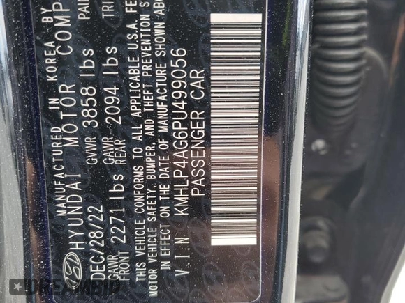 2023 Hyundai Elantra Limited with VIN KMHLP4AG6PU499056, listed as a Copart auction lot 49999395 with 24,421 mi miles and Salvage Title. Bid and sale history available at DreamBid. Image 12.