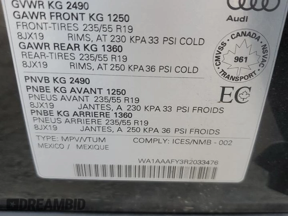 2024 Audi Q5 Komfort with VIN WA1AAAFY3R2033476, listed as a Copart auction lot 65799434 with 7,847 mi miles and Salvage Title. Bid and sale history available at carsss.com. Image 13.