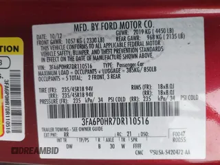 2013 Ford Fusion SE with VIN 3FA6P0HR7DR110516, listed as a IAAI auction lot 42127684 with 123,996 mi miles. Bid and sale history available at carsss.com. Image 9.