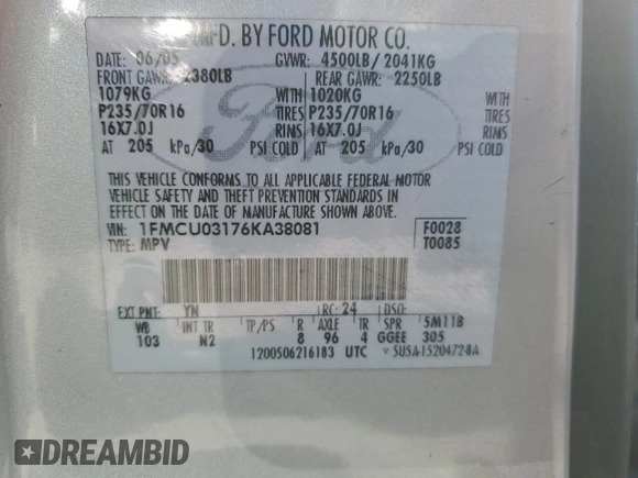 2006 Ford Escape XLT with VIN 1FMCU03176KA38081, listed as a Copart auction lot 53638835 with 163,125 mi miles and Non repairable. Bid and sale history available at DreamBid. Image 12.