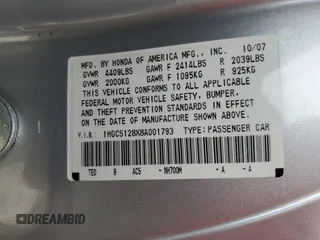 2008 Honda Accord EX-L z VIN 1HGCS128X8A001793, wystawiony jako Copart lot #55588815 z przebiegiem 168 886 mil mil oraz Szkoda całkowita • Salvage title. Historia ofert i sprzedaży dostępna na DreamBid. Obrazek 12.