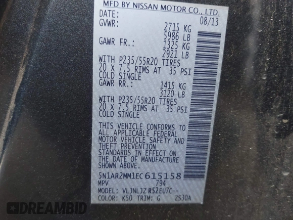 2014 Nissan Pathfinder S with VIN 5N1AR2MM1EC615158, listed as a IAAI auction lot 42403729 with 126,680 mi miles and . Bid and sale history available at DreamBid. Image 9.