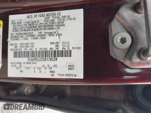 2013 Ford Fusion SE Hybrid with VIN 3FA6P0LU2DR178539, listed as a IAAI auction lot 42120614 with 177,500 mi miles. Bid and sale history available at carsss.com. Image 9.