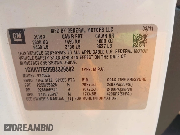 2011 GMC Acadia Denali with VIN 1GKKVTED5BJ329592, listed as a IAAI auction lot 42022700 with 210,336 mi miles. Bid and sale history available at carsss.com. Image 9.