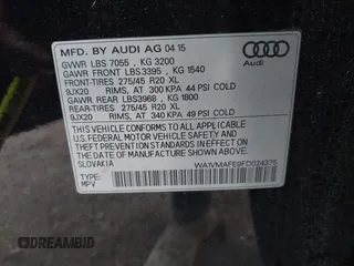 2015 Audi Q7 Prestige with VIN WA1VMAFE9FD024375, listed as a IAAI auction lot 41575018 with 133,495 mi miles and . Bid and sale history available at DreamBid. Image 9.