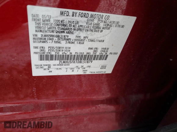 2013 Lincoln MKT with VIN 2LMHJ5FK1DBL51879, listed as a Copart auction lot 45167125 with 126,658 mi miles and Salvage Title. Bid and sale history available at DreamBid. Image 14.