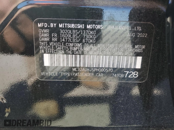 2023 Mitsubishi Mirage ES z VIN ML32AUHJ5PH000570, wystawiony jako Copart lot #53582405 z przebiegiem 7 858 mil mil oraz Szkoda całkowita • Salvage title. Historia ofert i sprzedaży dostępna na DreamBid. Obrazek 14.