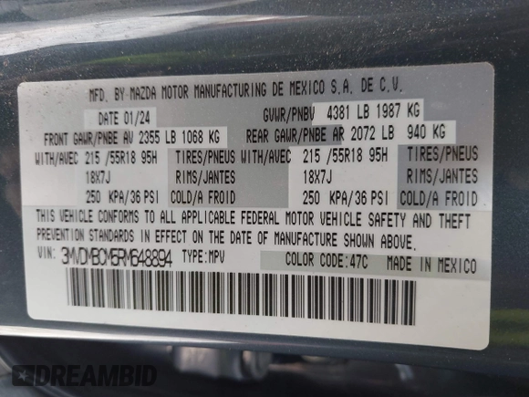 2024 Mazda CX-30 S Preferred with VIN 3MVDMBCM5RM648894, listed as a IAAI auction lot 42119860 with 23,857 mi miles and . Bid and sale history available at DreamBid. Image 9.