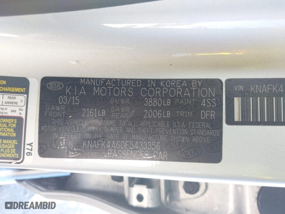 2015 Kia Forte LX with VIN KNAFK4A60F5433356, listed as a IAAI auction lot 41752952 with 91,631 mi miles. Bid and sale history available at carsss.com. Image 9.