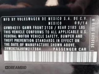 2015 Volkswagen Jetta S с VIN 3VW2K7AJ6FM217364, выставлен на аукционе Copart как лот 85687184 с пробегом 103 718 миль миль и Списание • Salvage title. История ставок и продаж доступна на DreamBid. Изображение 13.