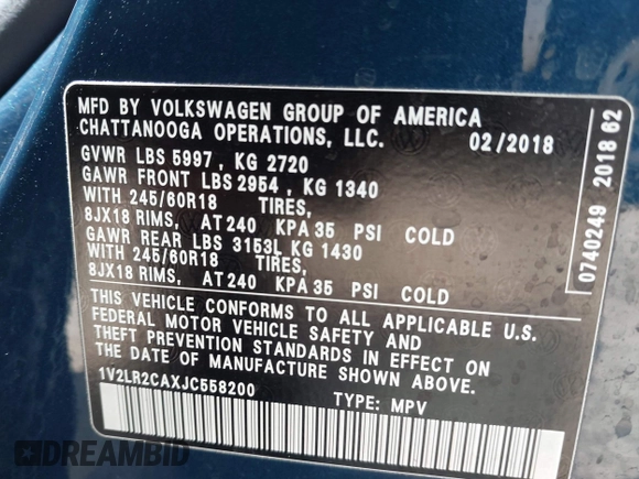 2018 Volkswagen Atlas SE with VIN 1V2LR2CAXJC558200, listed as a IAAI auction lot 42297089 with 95,366 mi miles and . Bid and sale history available at DreamBid. Image 9.