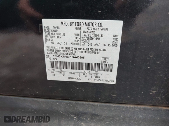 2019 Ford Explorer Limited with VIN 1FM5K7F83KGA40505, listed as a IAAI auction lot 42348185 with 130,130 mi miles and . Bid and sale history available at DreamBid. Image 9.