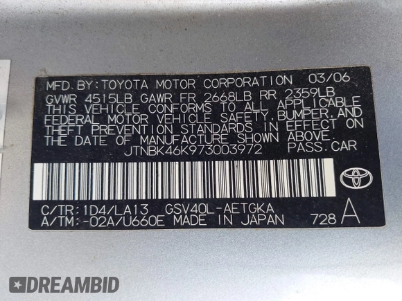 2007 Toyota Camry LE with VIN JTNBK46K973003972, listed as a IAAI auction lot 42098250 with 155,662 mi miles and . Bid and sale history available at DreamBid. Image 9.