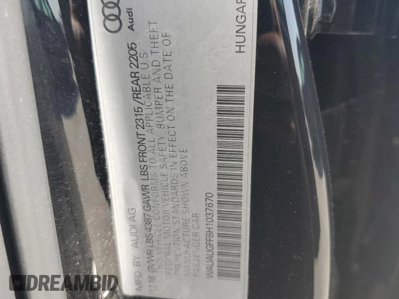2017 Audi A3 Sedan Premium with VIN WAUAUGFF8H1037670, listed as a Copart auction lot 59986454 with 93,356 mi miles and Salvage Title. Bid and sale history available at carsss.com. Image 12.