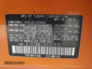 2019 Subaru Crosstrek Limited with VIN JF2GTAMC1K8242835, listed as a IAAI auction lot 41855421 with 116,309 mi miles. Bid and sale history available at carsss.com. Image 9.