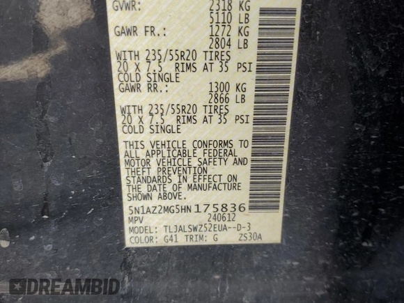 2017 Nissan Murano S z VIN 5N1AZ2MG5HN175836, wystawiony jako Copart lot #68493694 z przebiegiem Nie podano mil oraz Nie do naprawy • Non repairable. Historia ofert i sprzedaży dostępna na DreamBid. Obrazek 13.
