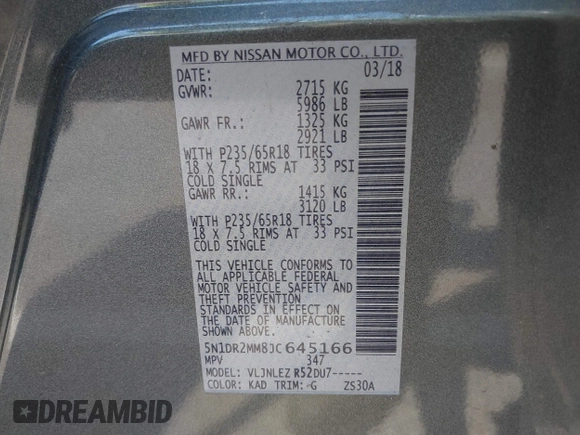 2018 Nissan Pathfinder SV with VIN 5N1DR2MM8JC645166, listed as a IAAI auction lot 42666765 with 81,544 mi miles and . Bid and sale history available at DreamBid. Image 9.