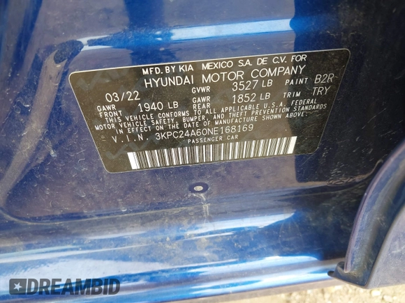 2022 Hyundai Accent SE z VIN 3KPC24A60NE168169, wystawiony jako IAAI lot #42062412 z przebiegiem 99 684 mil mil oraz . Historia ofert i sprzedaży dostępna na DreamBid. Obrazek 9.