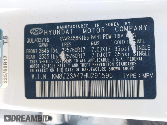 2017 Hyundai Tucson SE with VIN KM8J23A47HU291596, listed as a IAAI auction lot 41289118 with 55,876 mi miles and . Bid and sale history available at DreamBid. Image 9.