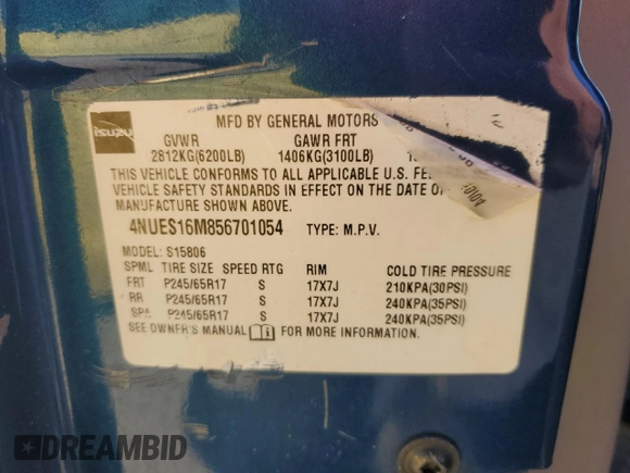 2005 Isuzu Ascender with VIN 4NUES16M856701054, listed as a Copart auction lot 76327164 with 173,055 mi miles and Salvage title. Bid and sale history available at DreamBid. Image 13.