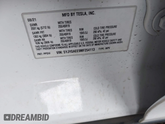2021 Tesla Model Y Long Range with VIN 5YJYGAEE9MF254113, listed as a IAAI auction lot 42045256 with Not Provided miles. Bid and sale history available at carsss.com. Image 9.