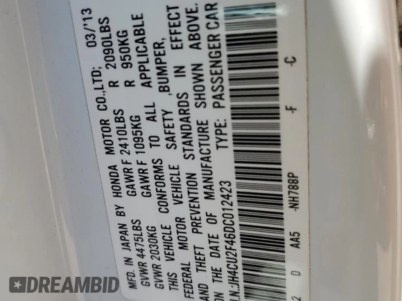 2013 Acura TSX with VIN JH4CU2F46DC012423, listed as a Copart auction lot 53288625 with 168,982 mi miles and Salvage title. Bid and sale history available at DreamBid. Image 12.